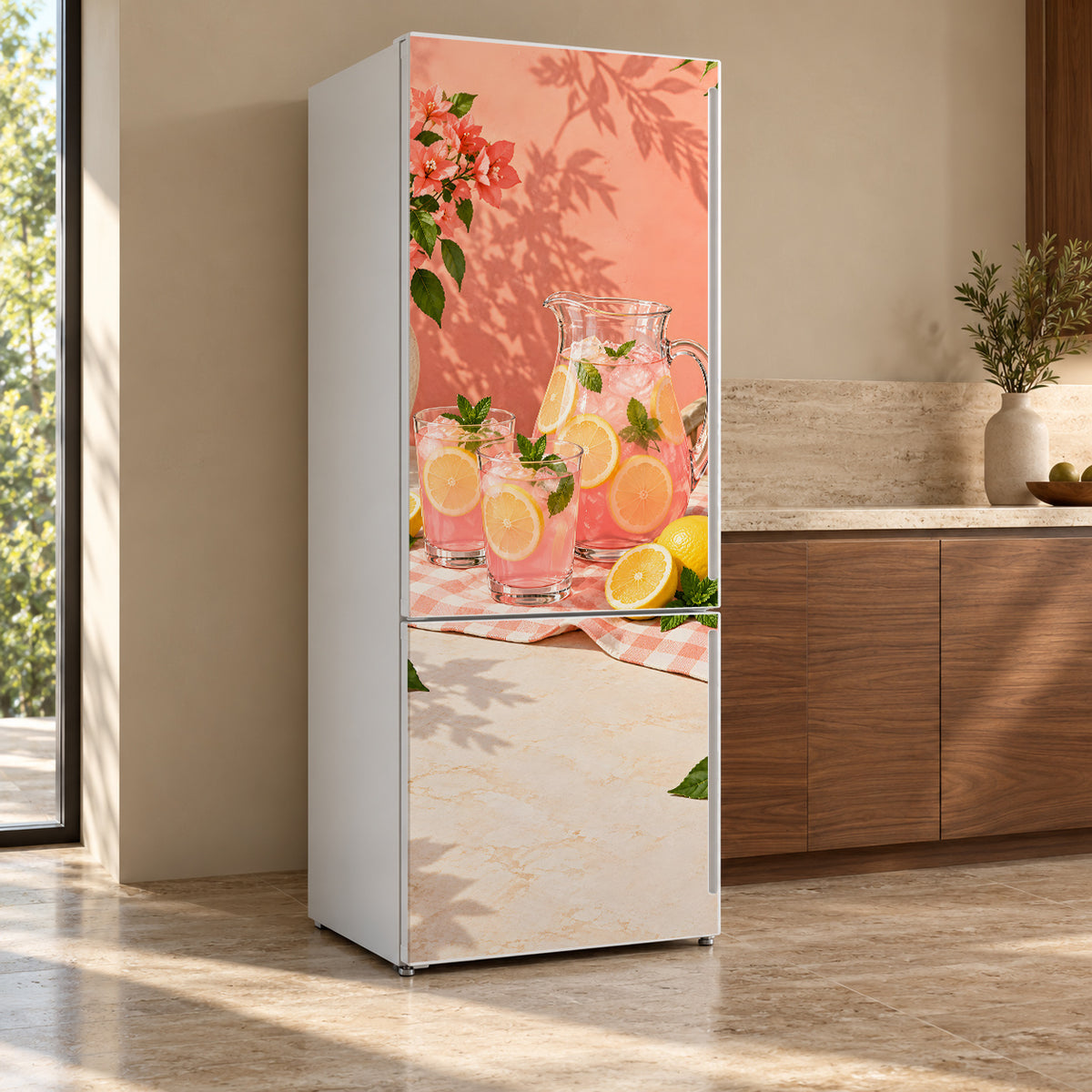 Pink Lemonade fridge wrap, refrigerator shown at an angle