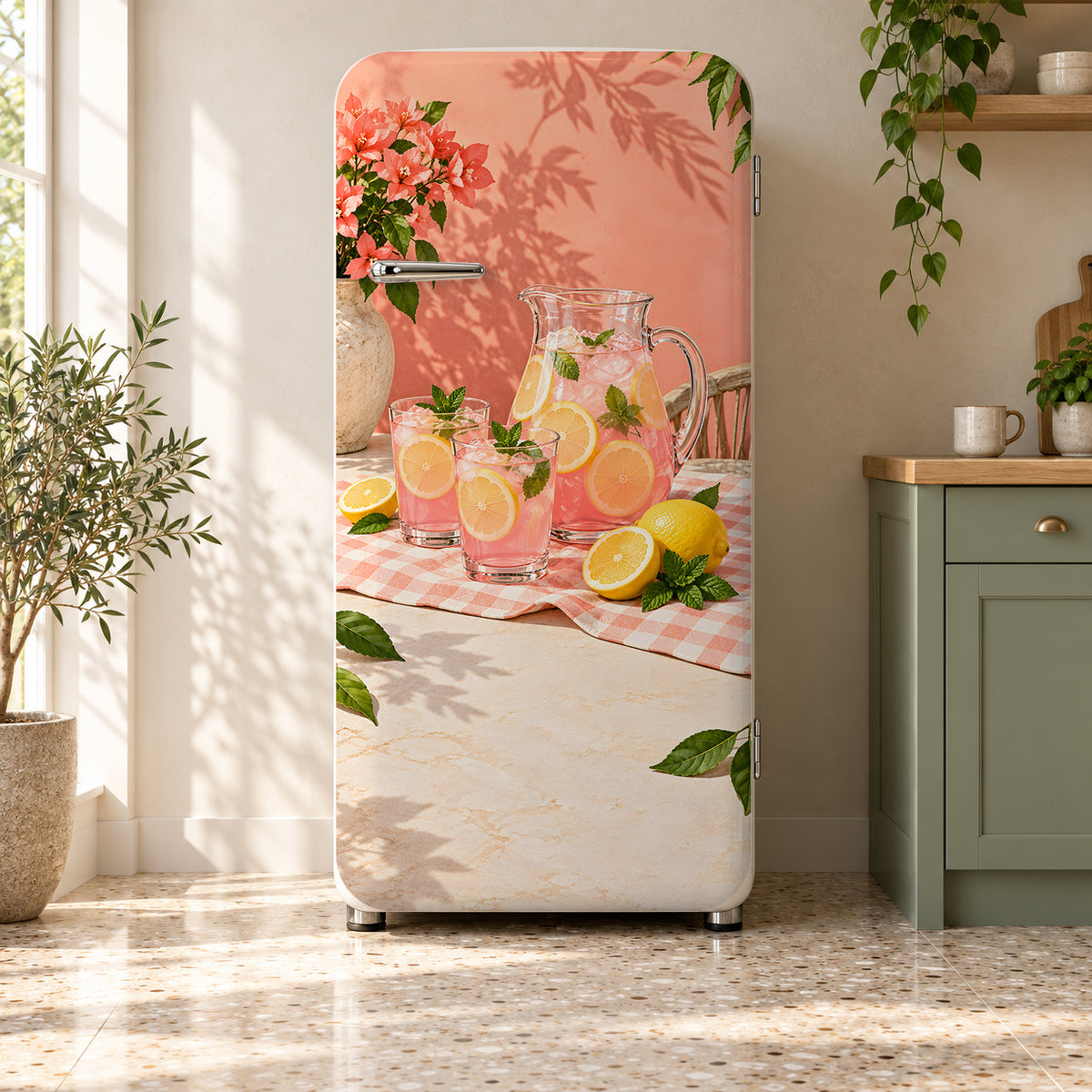 Pink Lemonade fridge wrap on a retro refrigerator