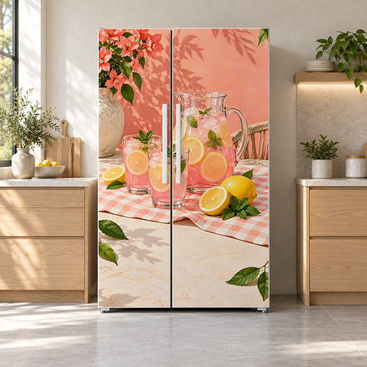 Pink Lemonade fridge wrap on a side-by-side refrigerator