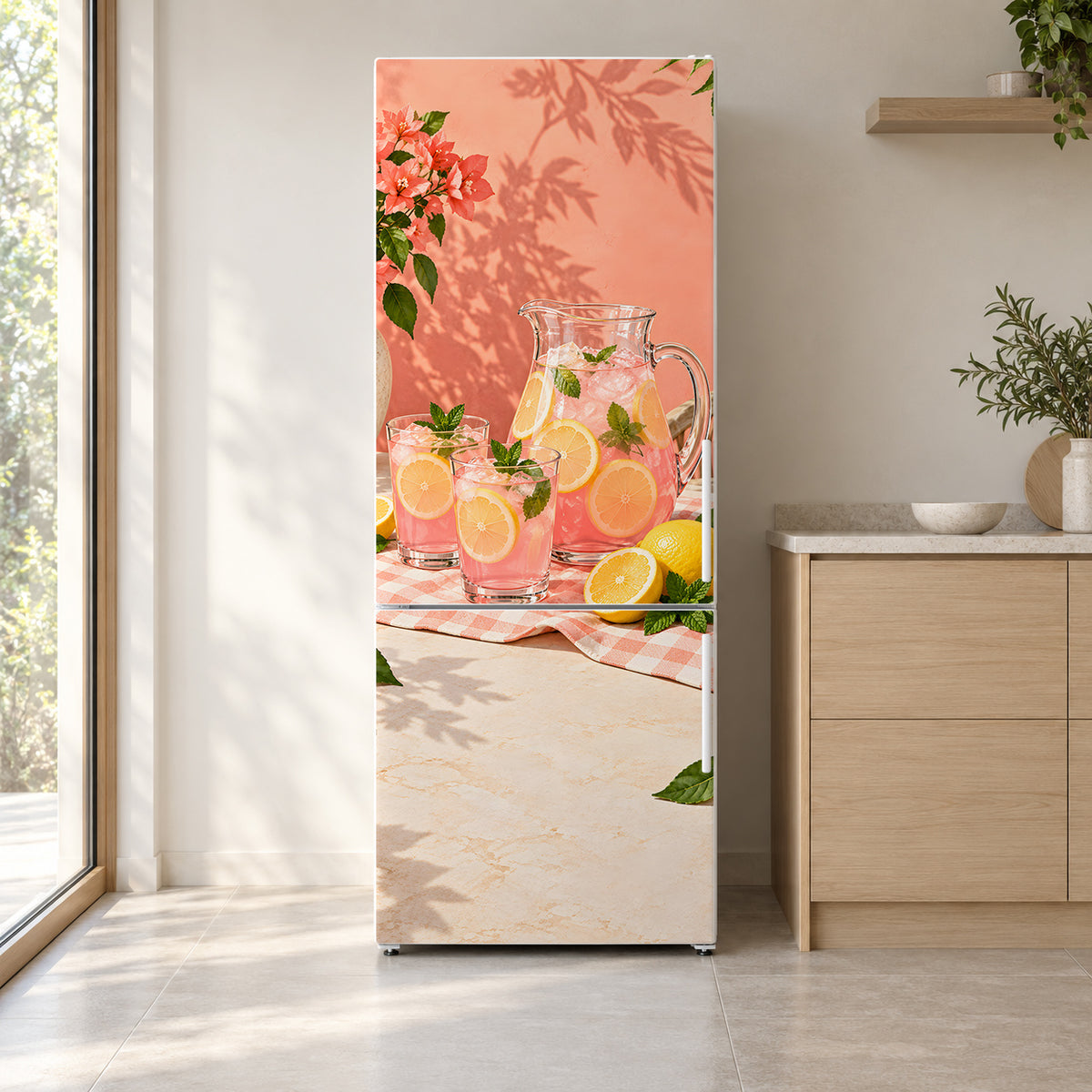 Pink Lemonade fridge wrap on a white refrigerator in a bright kitchen