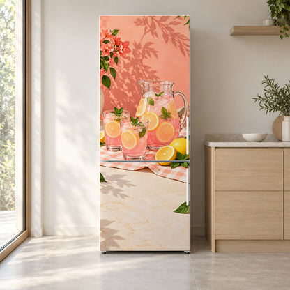 Pink Lemonade fridge wrap on a white refrigerator in a bright kitchen