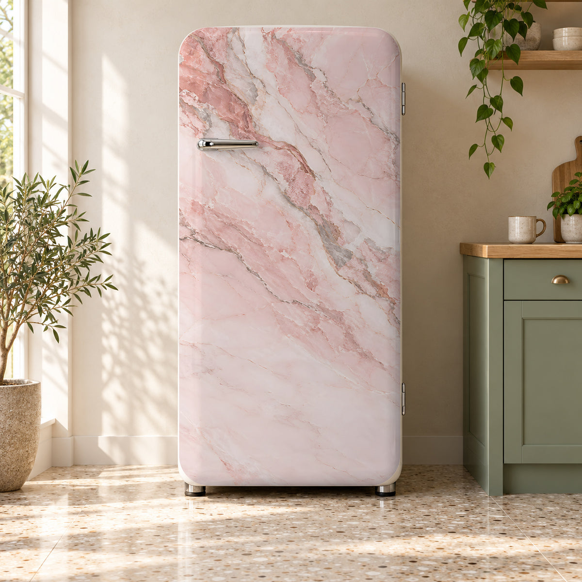 Pink Marble fridge wrap on a retro refrigerator