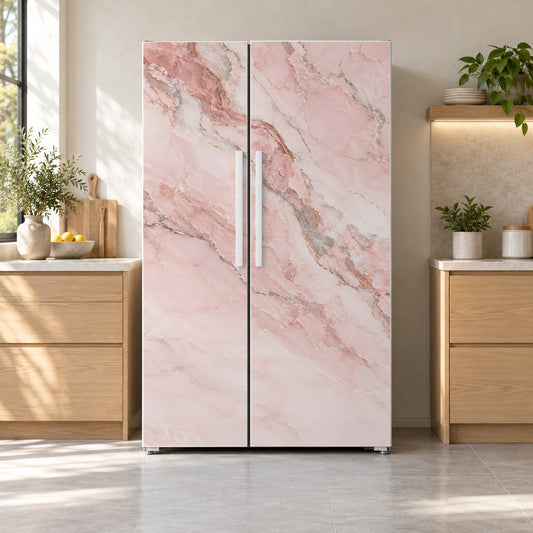 Pink Marble fridge wrap on a side-by-side refrigerator