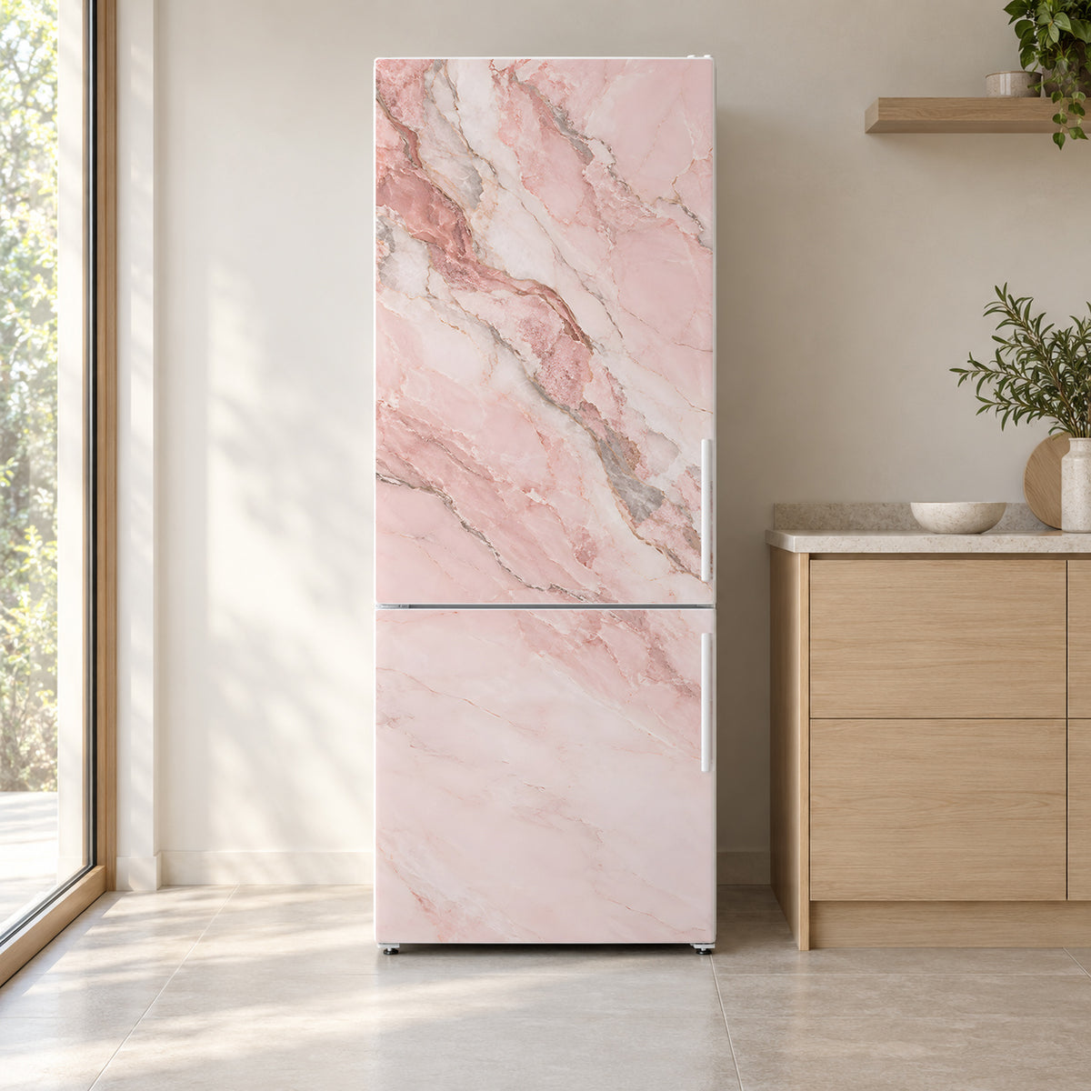 Pink Marble fridge wrap on a white refrigerator in a bright kitchen