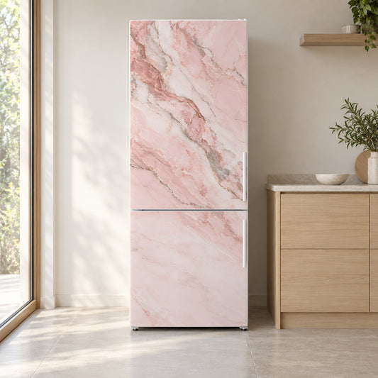 Pink Marble fridge wrap on a white refrigerator in a bright kitchen
