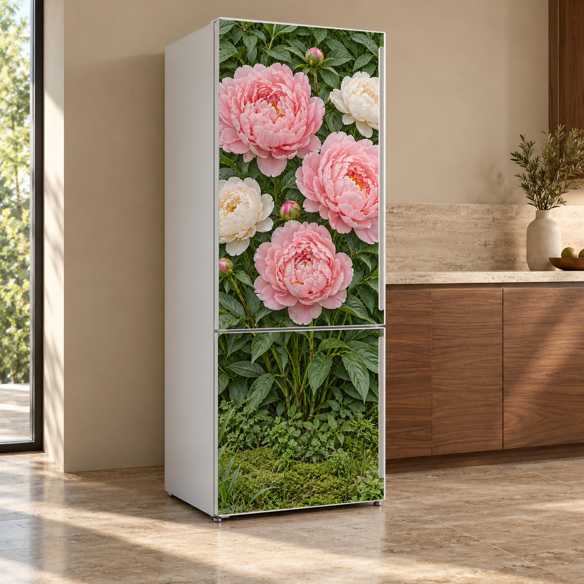 Pink Peonies fridge wrap, refrigerator shown at an angle