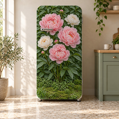Pink Peonies fridge wrap on a retro refrigerator