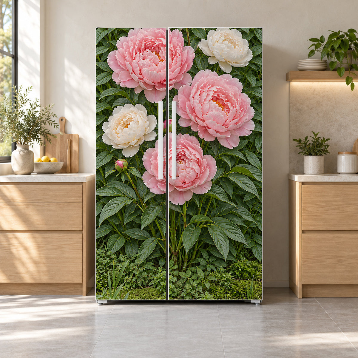 Pink Peonies fridge wrap on a side-by-side refrigerator