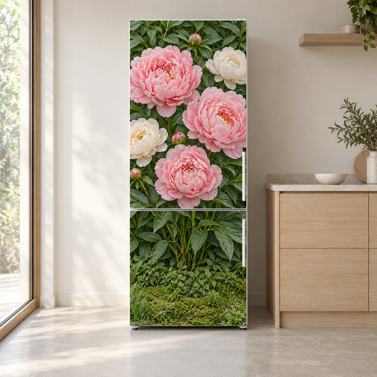 Pink Peonies fridge wrap on a white refrigerator in a bright kitchen