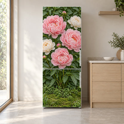 Pink Peonies fridge wrap on a white refrigerator in a bright kitchen