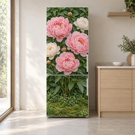 Pink Peonies fridge wrap on a white refrigerator in a bright kitchen
