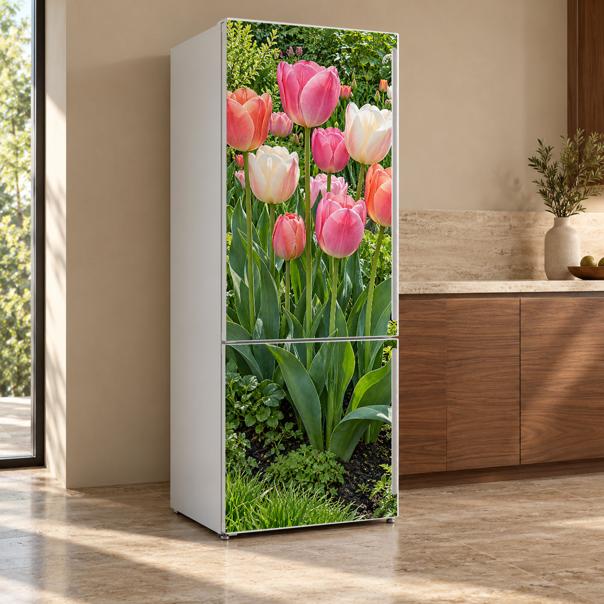 Pink Tulips fridge wrap, refrigerator shown at an angle