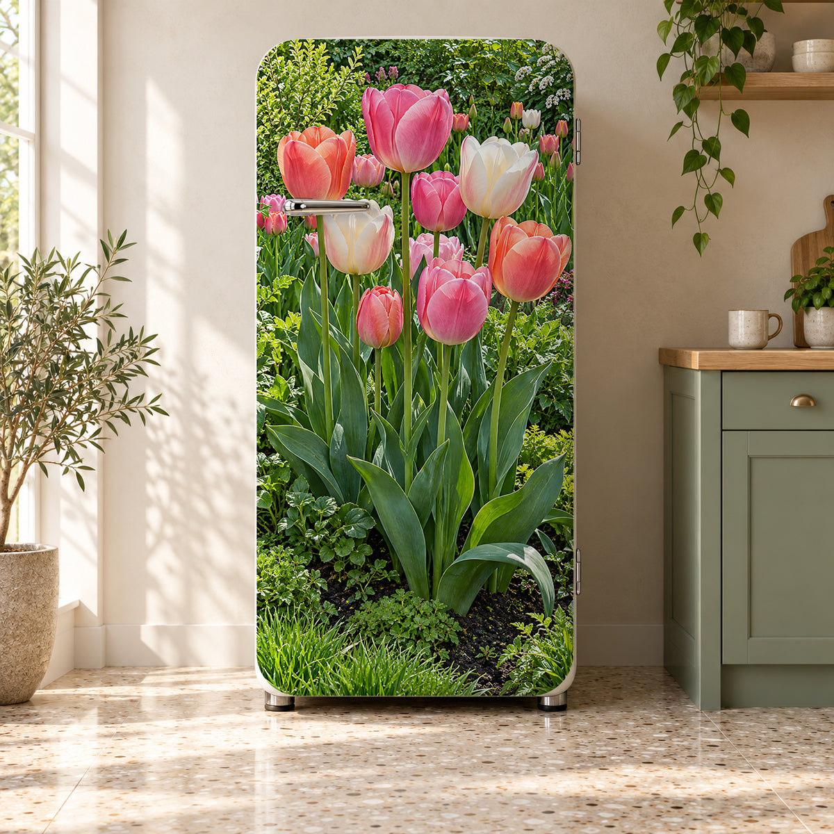 Pink Tulips fridge wrap on a retro refrigerator