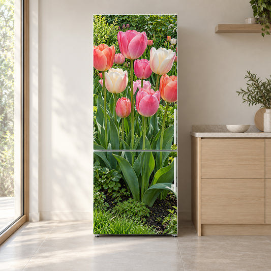 Pink Tulips fridge wrap on a white refrigerator in a bright kitchen