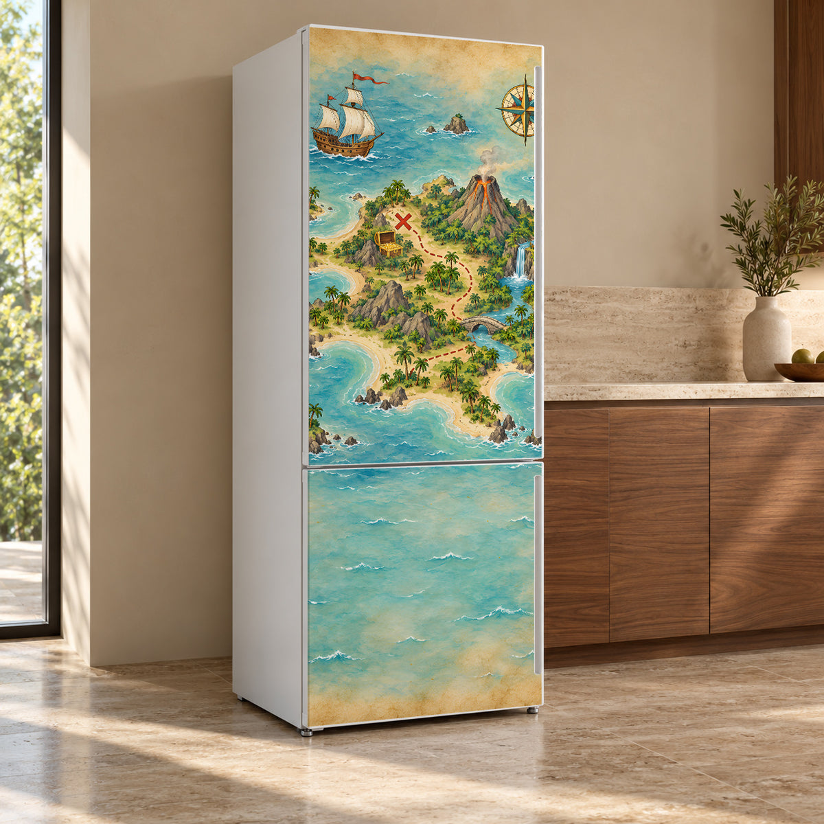 Pirate Treasure Map fridge wrap, refrigerator shown at an angle