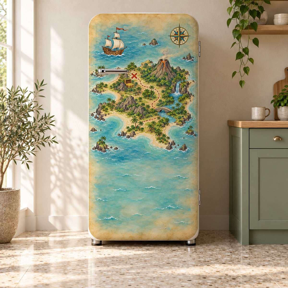 Pirate Treasure Map fridge wrap on a retro refrigerator