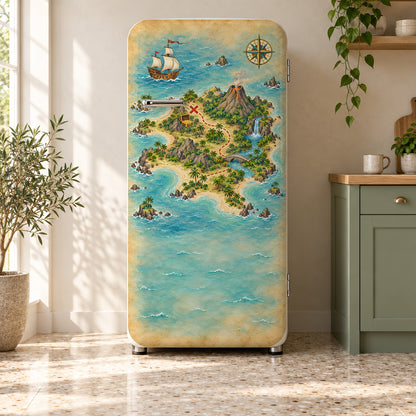 Pirate Treasure Map fridge wrap on a retro refrigerator