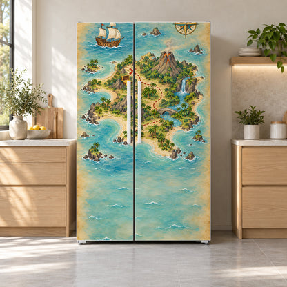 Pirate Treasure Map fridge wrap on a side-by-side refrigerator