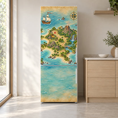 Pirate Treasure Map fridge wrap on a white refrigerator in a bright kitchen