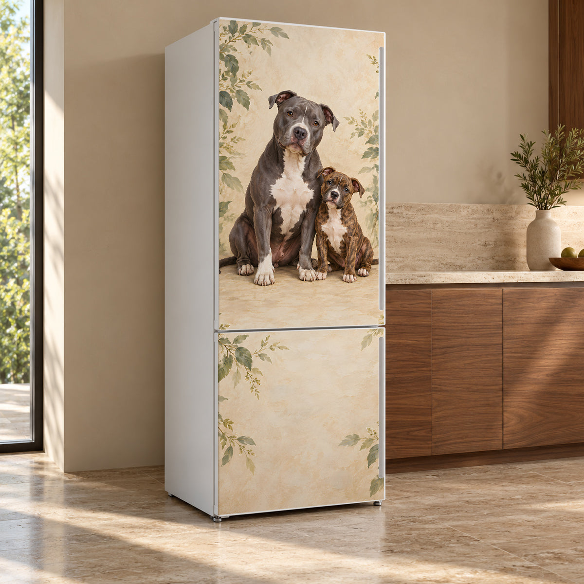 Pit Bulls fridge wrap, refrigerator shown at an angle