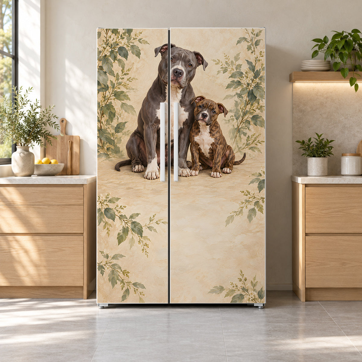 Pit Bulls fridge wrap on a side-by-side refrigerator