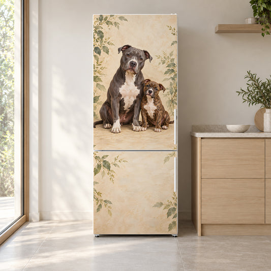 Pit Bulls fridge wrap on a white refrigerator in a bright kitchen