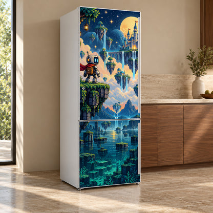 Pixel Art Adventure fridge wrap, refrigerator shown at an angle