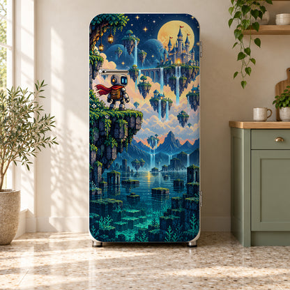 Pixel Art Adventure fridge wrap on a retro refrigerator