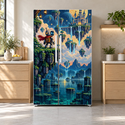 Pixel Art Adventure fridge wrap on a side-by-side refrigerator