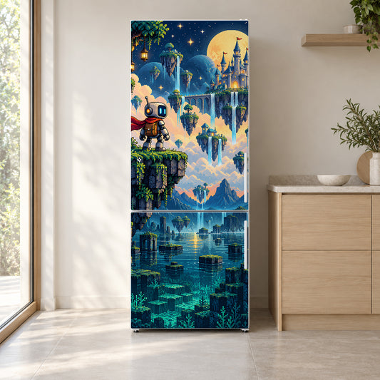 Pixel Art Adventure fridge wrap on a white refrigerator in a bright kitchen