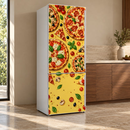 Pizza Party fridge wrap, refrigerator shown at an angle
