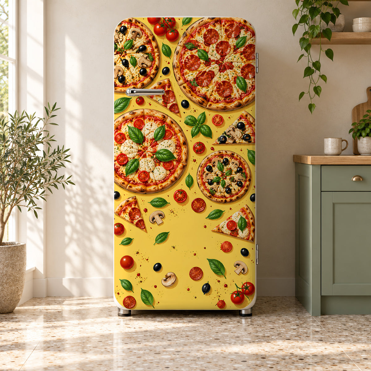 Pizza Party fridge wrap on a retro refrigerator