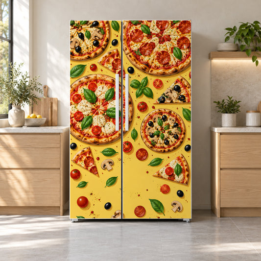Pizza Party fridge wrap on a side-by-side refrigerator