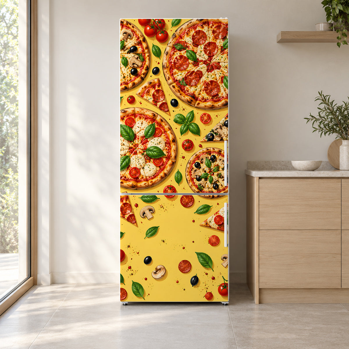 Pizza Party fridge wrap on a white refrigerator in a bright kitchen