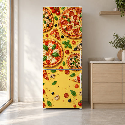Pizza Party fridge wrap on a white refrigerator in a bright kitchen