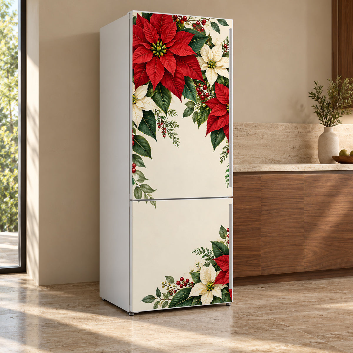 Poinsettias fridge wrap, refrigerator shown at an angle