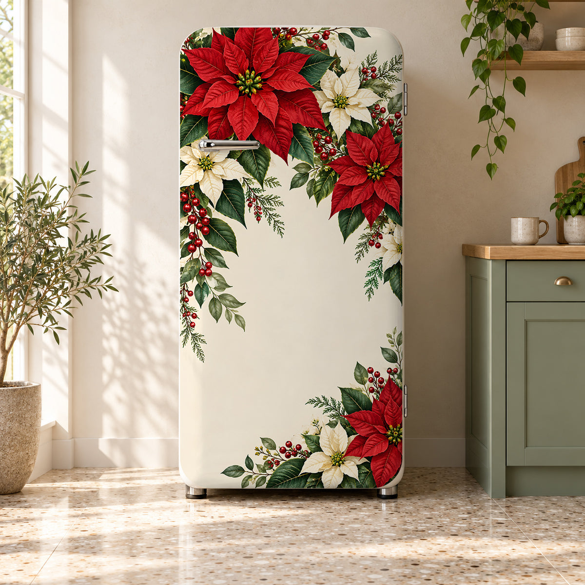 Poinsettias fridge wrap on a retro refrigerator