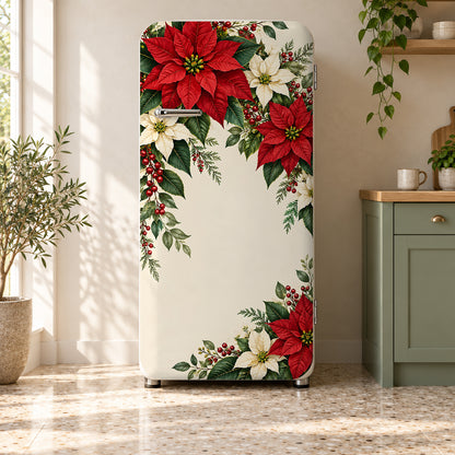 Poinsettias fridge wrap on a retro refrigerator