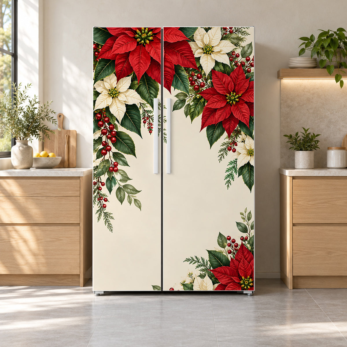 Poinsettias fridge wrap on a side-by-side refrigerator