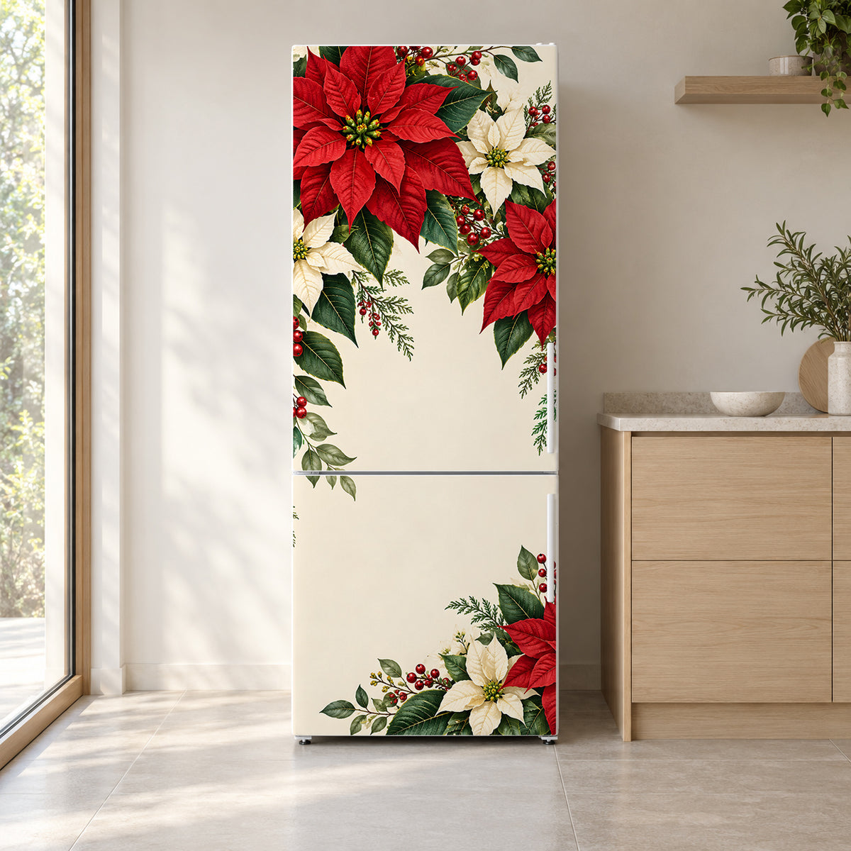 Poinsettias fridge wrap on a white refrigerator in a bright kitchen