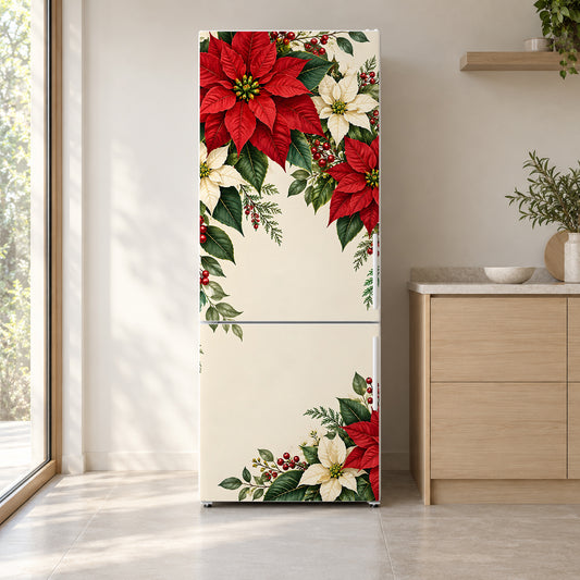 Poinsettias fridge wrap on a white refrigerator in a bright kitchen