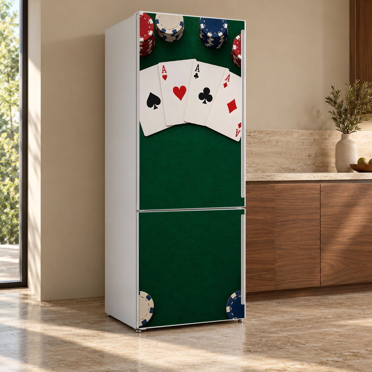 Poker Night fridge wrap, refrigerator shown at an angle