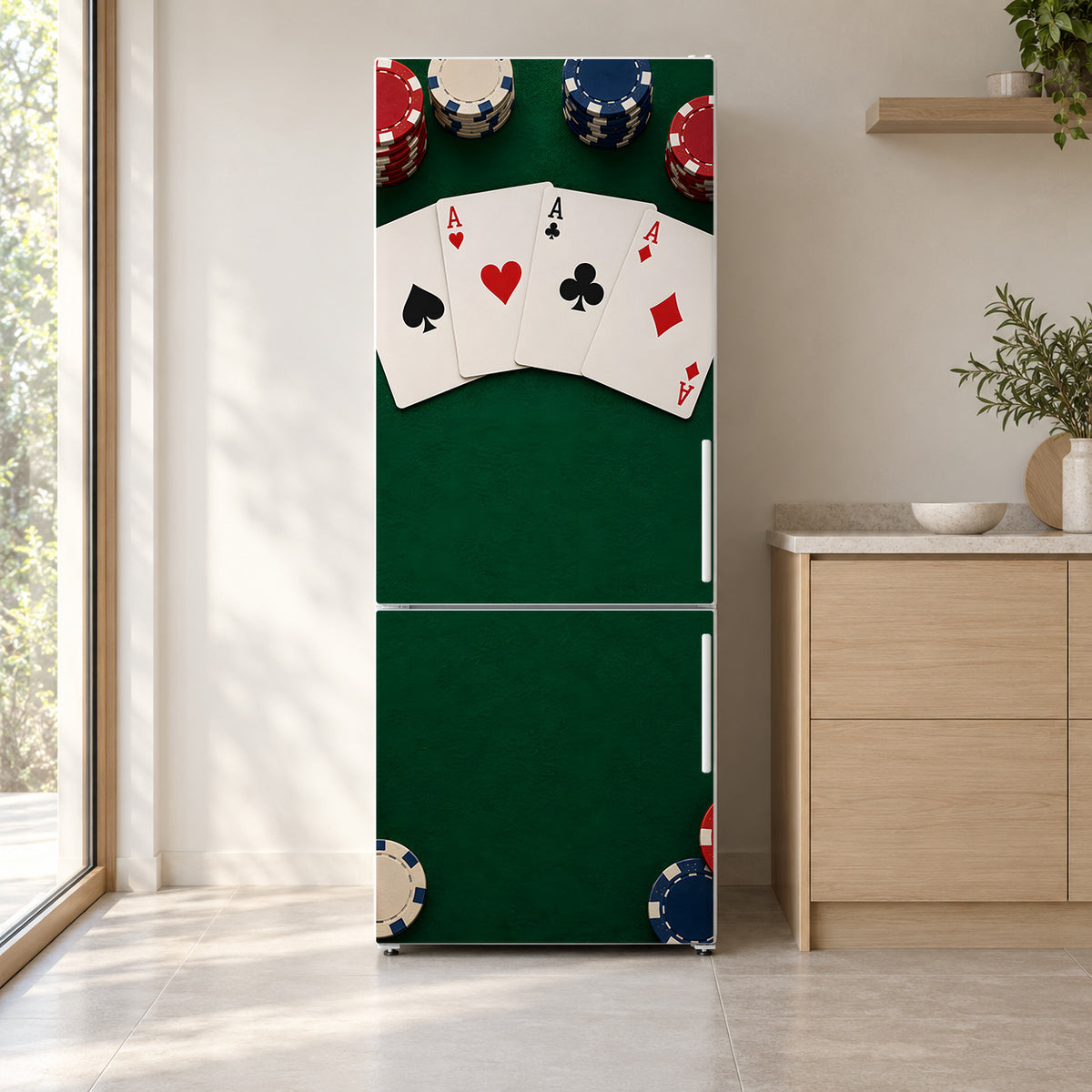 Poker Night fridge wrap on a white refrigerator in a bright kitchen