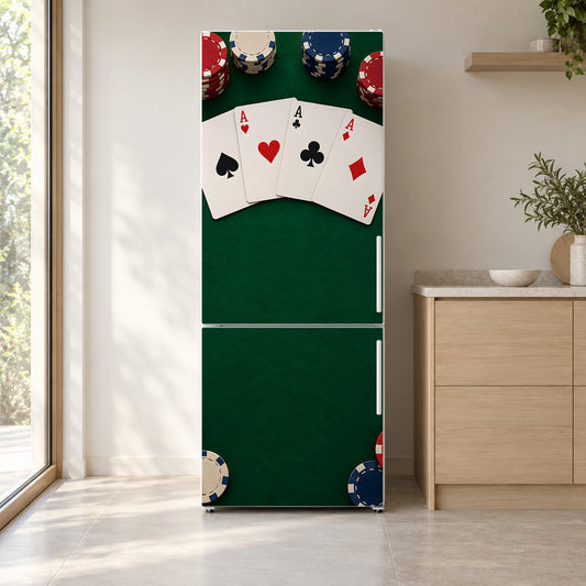 Poker Night fridge wrap on a white refrigerator in a bright kitchen