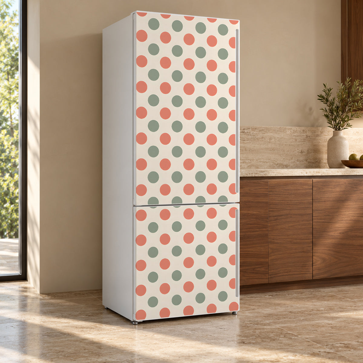 Polka Dots fridge wrap, refrigerator shown at an angle