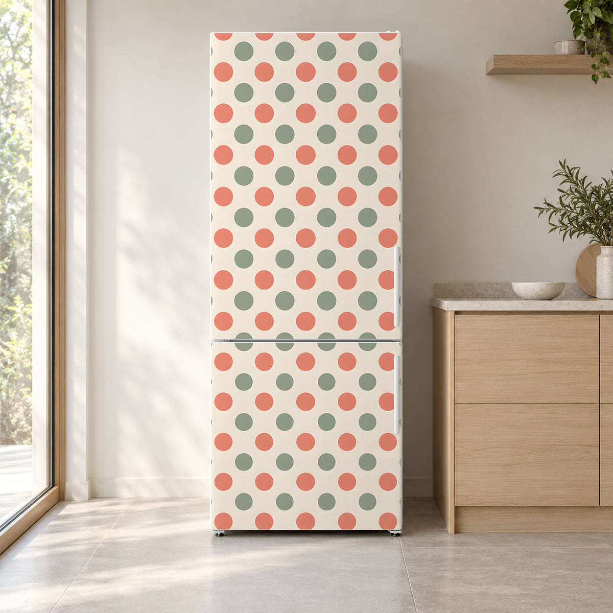 Polka Dots fridge wrap on a white refrigerator in a bright kitchen