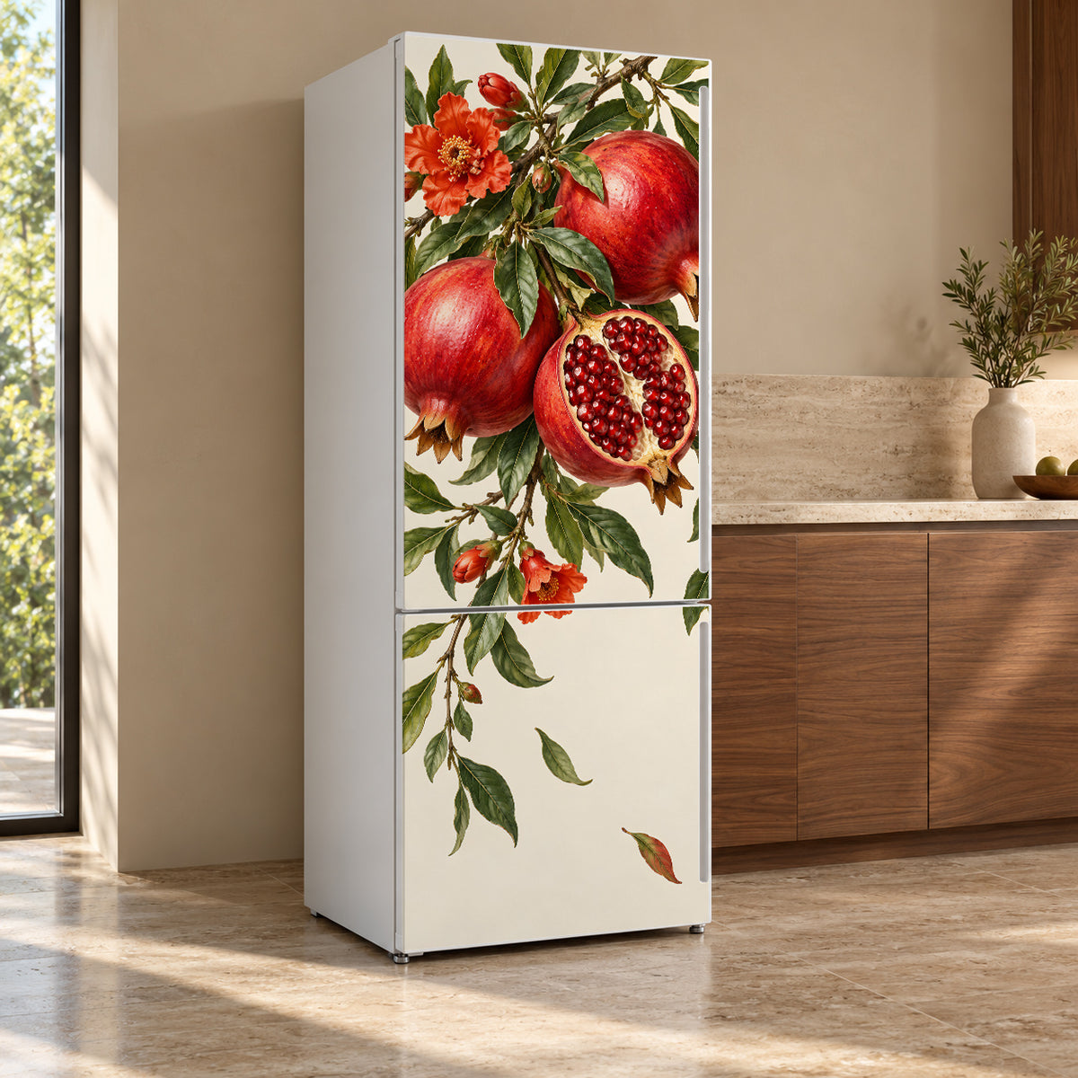 Pomegranates fridge wrap, refrigerator shown at an angle