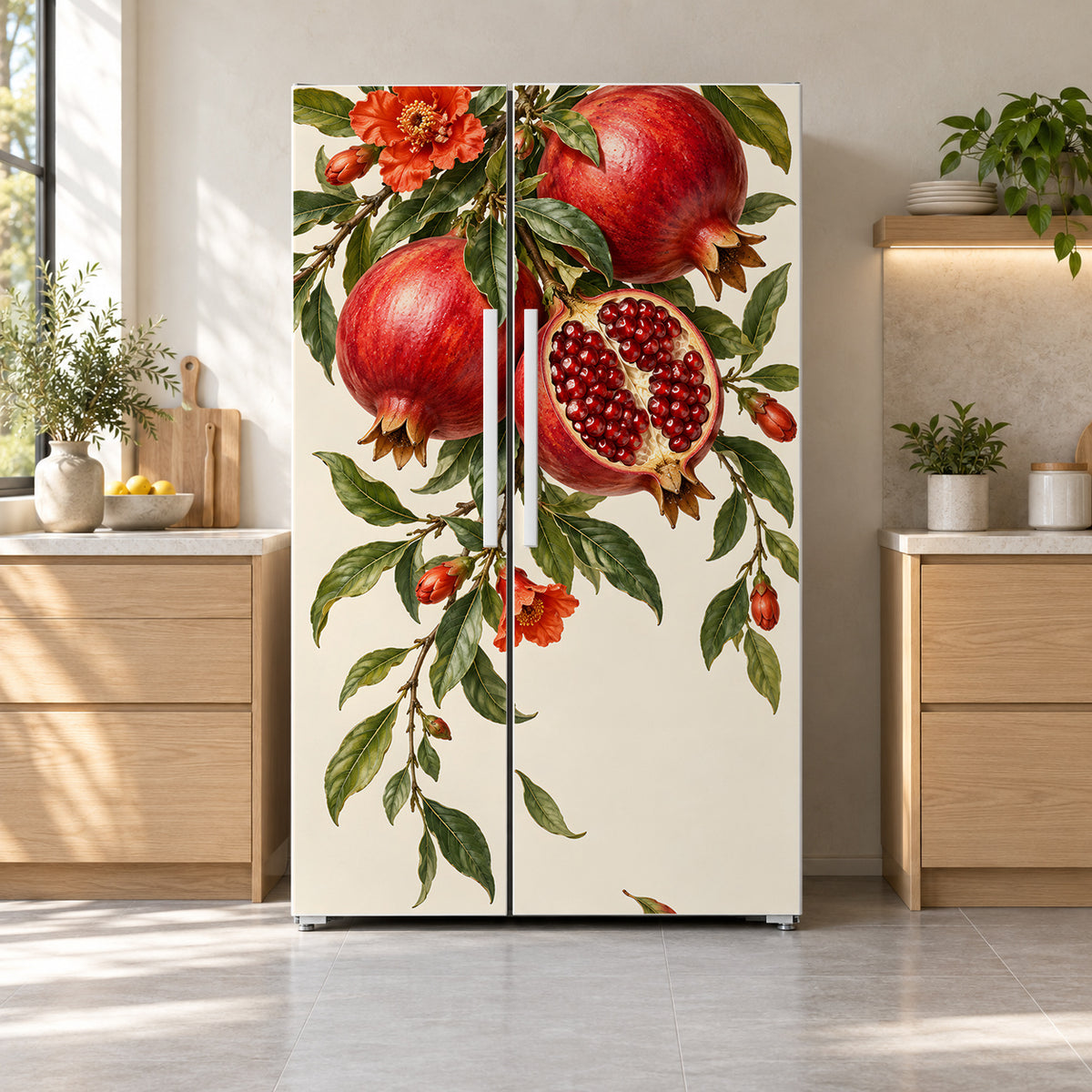 Pomegranates fridge wrap on a side-by-side refrigerator