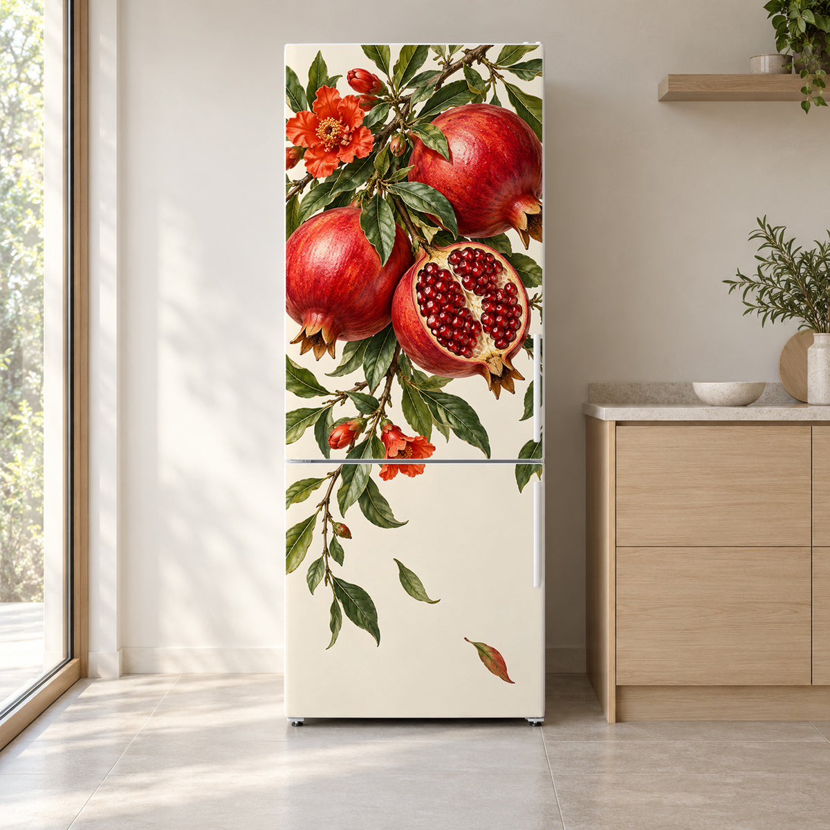 Pomegranates fridge wrap on a white refrigerator in a bright kitchen