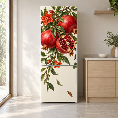 Pomegranates fridge wrap on a white refrigerator in a bright kitchen
